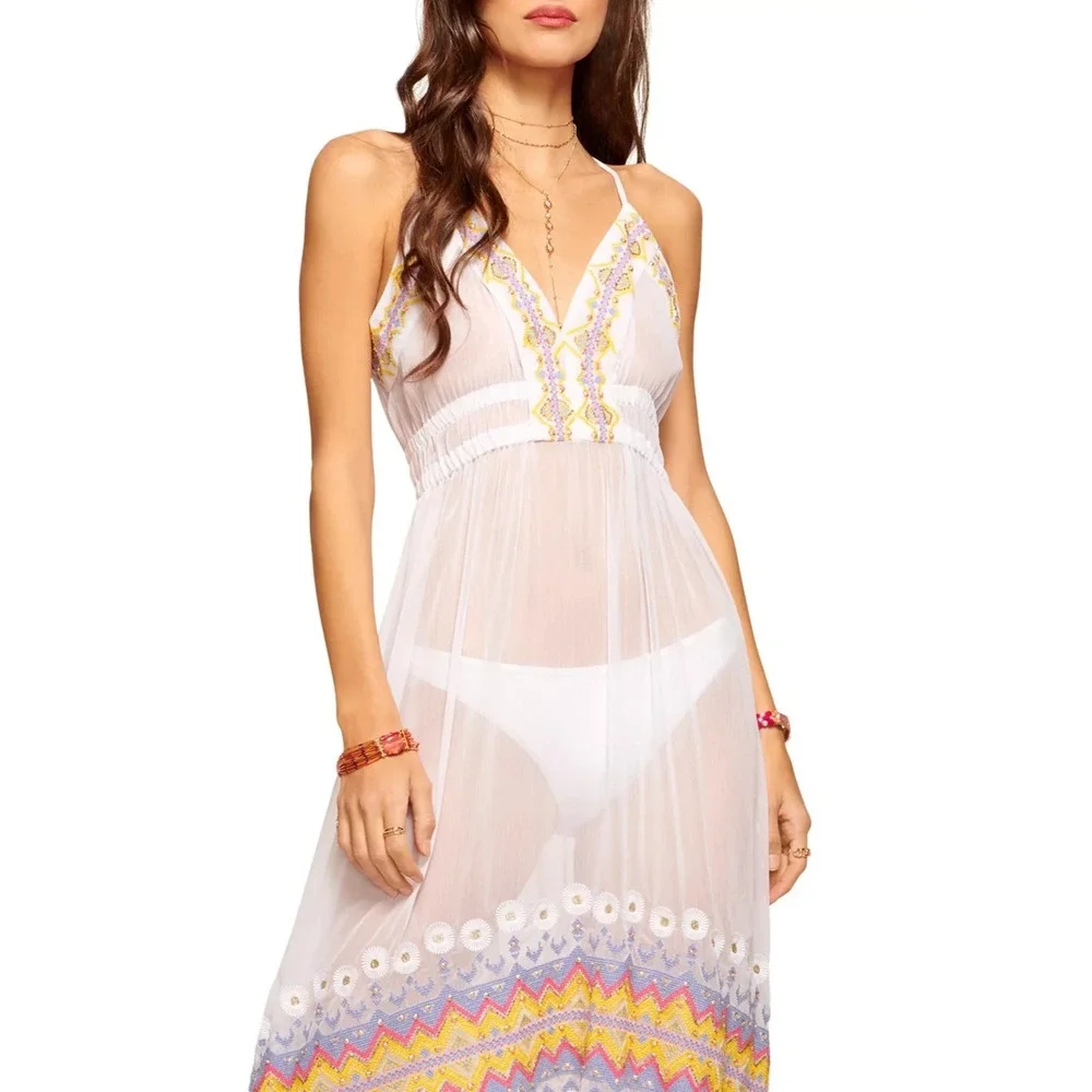 NEW Ramy Brook Sienna Embroidered Chiffon Swim Cover-Up Maxi Dress White XL $365 - Picture 4 of 16
